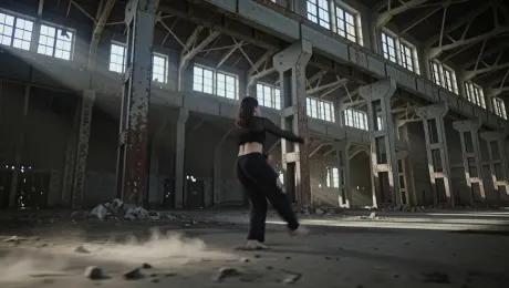 A contemporary dancer in tattered silken attire performing an explosive sequence of fluid leaps and a dramatic floor slide, stirring up thick plumes of dust within a vast, derelict industrial warehouse with rusted metal beams. A high-speed 360-degree orbital tracking shot tightens as the dancer spins, transitioning into a low-angle perspective to emphasize the height of the jumps. Dramatic volumetric light beams pierce through broken high-altitude windows, creating high-contrast chiaroscuro shadows and illuminating suspended atmospheric particles. Cinematic 4K resolution, slow motion at 60fps, shallow depth of field with sharp focus on movement dynamics and gritty textures.