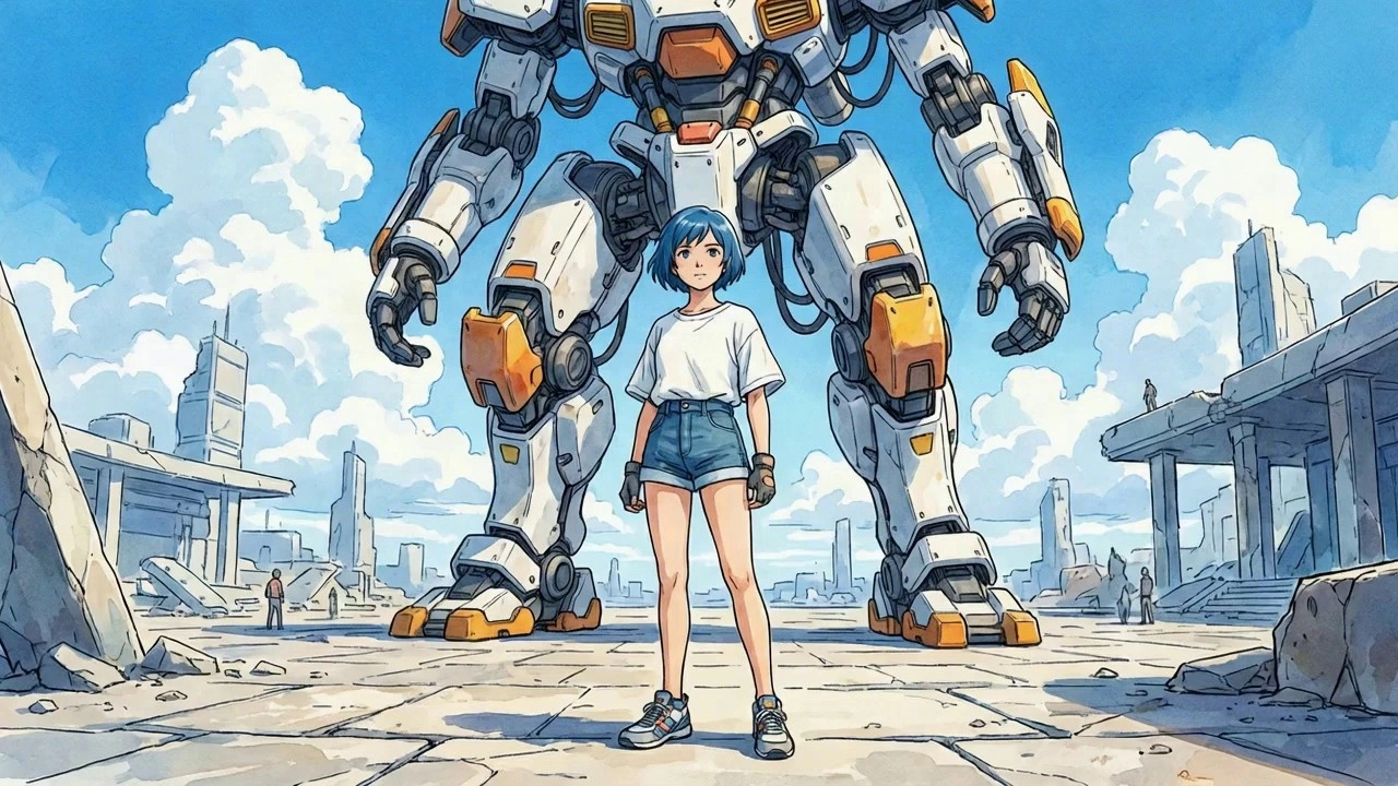 A wide cinematic anime shot in a sunlit, ruined futuristic plaza. A blue-haired girl in a loose white T-shirt and denim shorts stands centered in the foreground, facing camera, while a towering white-and-orange mech looms protectively behind her. Subtle motion: a light breeze gently flutters her hair and shirt; tiny dust motes drift across the frame; faint heat haze shimmers above the cracked concrete. The mech slowly “comes alive” with restrained, realistic movement—soft servo whirs, a small shift of weight, fingers flex slightly, chest vents pulse with a dim glow, and a brief puff of steam from a joint. Camera behavior: slow, steady dolly-in toward the girl with a slight upward tilt, keeping the original composition and scale; gentle parallax on foreground cracks and distant ruined structures; minimal handheld micro-shake for realism. Look/style: high-quality cel-shaded anime illustration, clean linework, soft watercolor textures, bright midday sky with fluffy clouds, cinematic lighting, natural motion blur, no cuts. Avoid identity drift, warping, extra limbs, text, or sudden camera jumps.