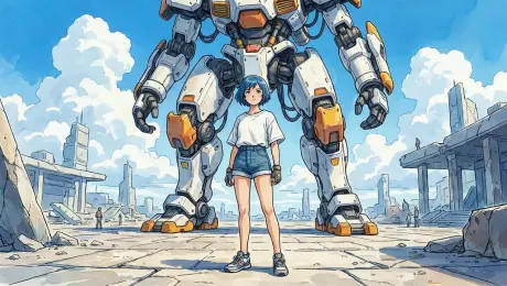 A wide cinematic anime shot in a sunlit, ruined futuristic plaza. A blue-haired girl in a loose white T-shirt and denim shorts stands centered in the foreground, facing camera, while a towering white-and-orange mech looms protectively behind her. Subtle motion: a light breeze gently flutters her hair and shirt; tiny dust motes drift across the frame; faint heat haze shimmers above the cracked concrete. The mech slowly “comes alive” with restrained, realistic movement—soft servo whirs, a small shift of weight, fingers flex slightly, chest vents pulse with a dim glow, and a brief puff of steam from a joint. Camera behavior: slow, steady dolly-in toward the girl with a slight upward tilt, keeping the original composition and scale; gentle parallax on foreground cracks and distant ruined structures; minimal handheld micro-shake for realism. Look/style: high-quality cel-shaded anime illustration, clean linework, soft watercolor textures, bright midday sky with fluffy clouds, cinematic lighting, natural motion blur, no cuts. Avoid identity drift, warping, extra limbs, text, or sudden camera jumps.