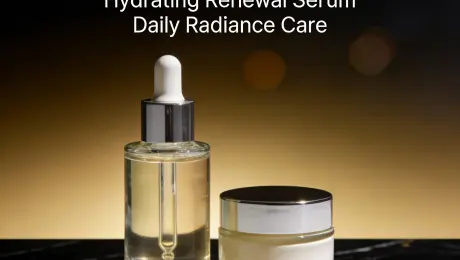 it this image into a luxurious night-time black & gold campaign visual.
Keep the same serum bottle and cream jar in their original positions, shapes and reflections, but place them on a glossy black marble surface with subtle golden highlights and a soft glow around the base of the products.
Replace the bright background with a dark, slightly blurred gradient from deep charcoal to rich gold, with a few soft bokeh lights suggesting a glamorous evening atmosphere.
Update the typography to match the new style: keep the brand name ‘LUMINA SKIN’ at the top in elegant gold serif letters, and keep the lines ‘Hydrating Renewal Serum’ and ‘Daily Radiance Care’ below in clean white sans-serif.
At the bottom, keep the tagline ‘Lightweight serum formula · suitable for all skin types’ in small, sharp white text, perfectly legible.
Overall: high-contrast black and gold color palette, premium beauty advertising style, ultra-realistic lighting and reflections, 4K, no extra elements.