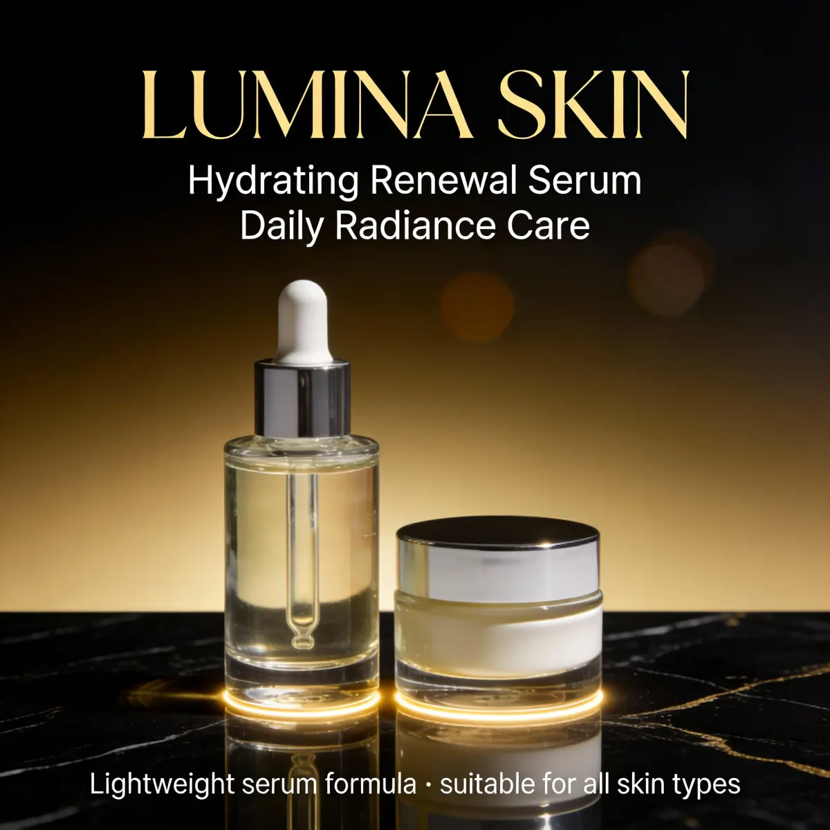 it this image into a luxurious night-time black & gold campaign visual.
Keep the same serum bottle and cream jar in their original positions, shapes and reflections, but place them on a glossy black marble surface with subtle golden highlights and a soft glow around the base of the products.
Replace the bright background with a dark, slightly blurred gradient from deep charcoal to rich gold, with a few soft bokeh lights suggesting a glamorous evening atmosphere.
Update the typography to match the new style: keep the brand name ‘LUMINA SKIN’ at the top in elegant gold serif letters, and keep the lines ‘Hydrating Renewal Serum’ and ‘Daily Radiance Care’ below in clean white sans-serif.
At the bottom, keep the tagline ‘Lightweight serum formula · suitable for all skin types’ in small, sharp white text, perfectly legible.
Overall: high-contrast black and gold color palette, premium beauty advertising style, ultra-realistic lighting and reflections, 4K, no extra elements.