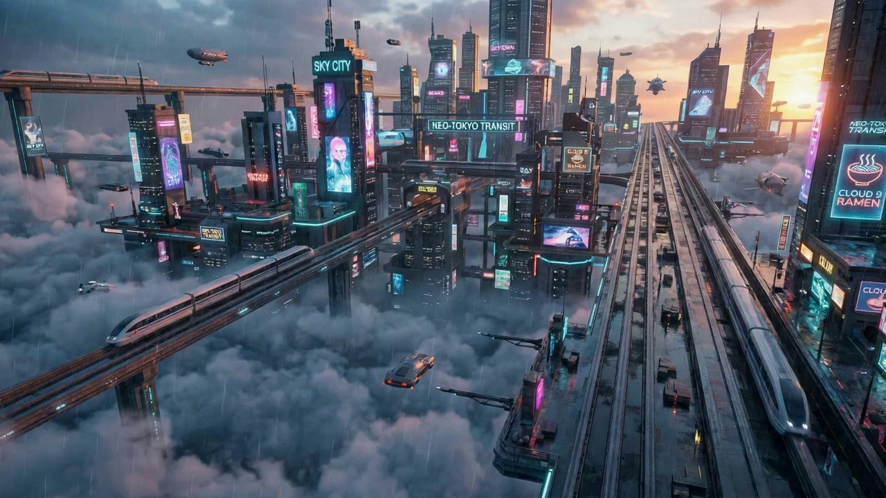 Generate a cinematic transition shot based on the provided first and final frames. First frame: A drone-eye overhead shot of the entire city skyline, with the camera slowly pushing in. Maintain consistent scene color tones throughout the transition. Design a smooth, narrative animation sequence: the camera continues its slow push-in over the panoramic city view, then seamlessly zooms in further to a speeding train. Incorporate soft ambient city sounds in the background. The 8–12 second clip must ensure natural and fluid motion, clean and crisp visuals, and precise audiovisual synchronization.