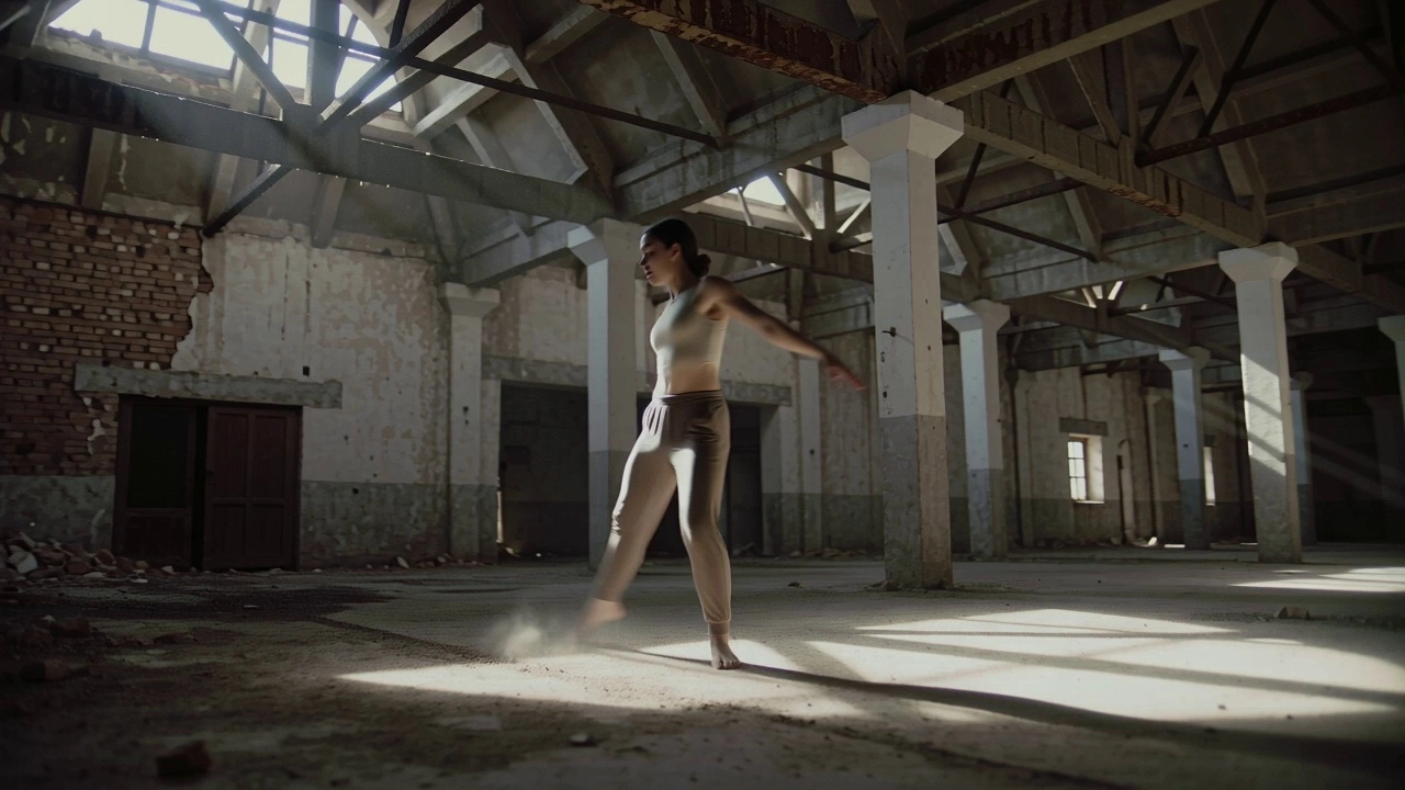 A contemporary dancer in minimalist earth-toned attire performing fluid, high-energy spins and expressive floor work, kicking up subtle layers of dust inside a cavernous abandoned warehouse with exposed brick walls and rusted steel rafters. The camera executes a continuous 360-degree dynamic orbital shot that starts at eye level and transitions into a dramatic low-angle perspective. Intense volumetric lighting streams through broken skylights, creating sharp shafts of light and deep noir-style shadows with visible floating particulates. 4K resolution, high contrast, sharp focus on the subject with cinematic motion blur on the extremities, gritty industrial aesthetic.