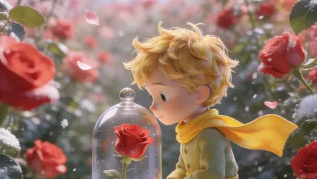 Change the background to a dreamy rose garden, where vibrant roses sway in the breeze, the Little Prince and the rose nestle together, and petals fall gently like snowflakes in the soft wind.