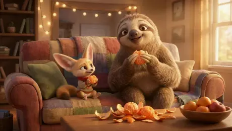 A cute sloth and a fennec fox sitting together on a cozy sofa, happily eating tangerines, surrounded by tangerine peels on a coffee table. Warm, comfortable living room atmosphere. Pixar style 3D animation, cute, charming, highly detailed rendering，The fox said the orange was very sweet, and Sloth agreed, saying, "Yes, thank you for sharing."
