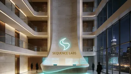Edit this image into a futuristic tech headquarters lobby at night.
Keep the original architecture, marble materials, curved reception desk, and overall perspective, as well as the city skyline visible through the glass.
Transform the glowing logo on the central column into a sleek holographic emblem and add the golden brand name ‘SEQUENCE LABS’ subtly integrated beneath it in clean sans-serif typography, sharp and legible.
Add a few translucent holographic information panels floating near the reception desk and along the balconies, showing minimal graphs and icons without readable detailed text.
Slightly intensify the warm indirect lighting and add soft cyan accents to the holograms, reflections on the floor, and edges of the columns, while preserving a realistic photographic look.
Keep the people as elegant silhouettes in business attire, walking or talking, not the main focus.
Overall mood: premium, minimalist, cinematic tech-company lobby, 4K, no extra clutter.