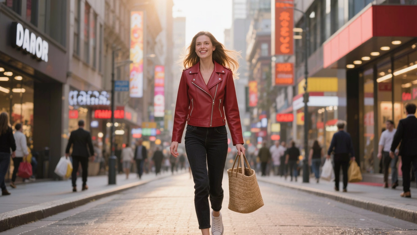 A young woman shopping on a busy city street, wearing a fitted red leather jacket with silver zippers, slim black jeans and white sneakers, carrying a large woven straw tote bag, walking confidently with a bright smile, storefronts with colorful signs and LED displays in the background, afternoon sunlight casting warm glow and soft shadows, vibrant and lively urban atmosphere, in a hyper-realistic style with high-resolution details and balanced color saturation.