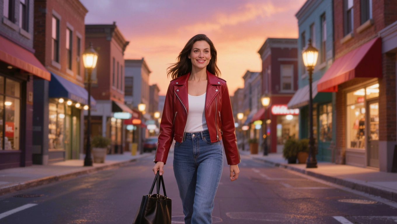 A young woman shopping on a city street, wearing a red leather jacket and high-waisted denim jeans, carrying a black tote bag, walking confidently with a slight smile, surrounded by colorful storefronts and streetlights, during sunset with warm orange and purple hues illuminating the scene, in realistic digital art style with high detail, vibrant colors, and sharp focus.