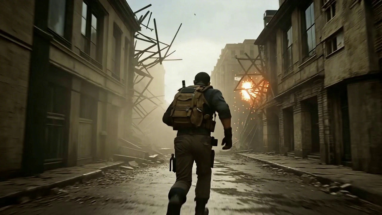 First-person POV charging through a ruined city street. Collapsing buildings on both sides, sparks raining down. The camera jolts as rubble is jumped over. Hands briefly steady against a wall before pushing forward. Dust-filled air, dramatic contrast lighting, handheld war documentary style, cinematic realism.