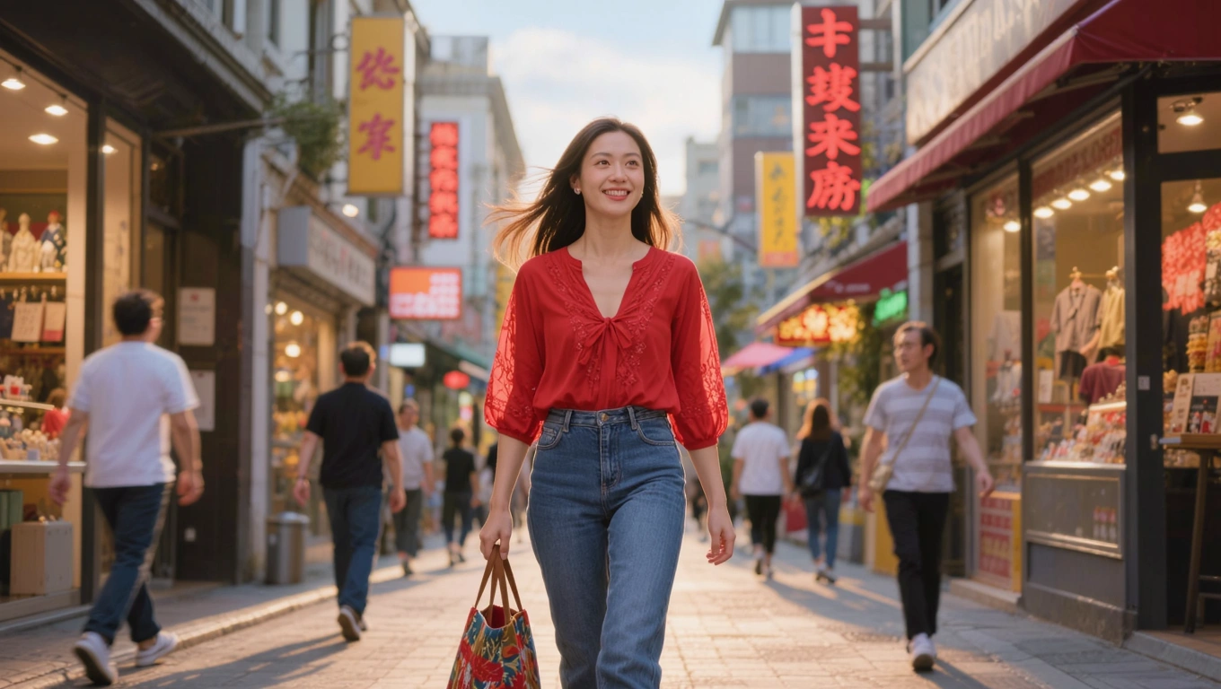 A young woman shopping in a bustling urban street, wearing a bright red blouse with intricate lace details, high-waisted denim jeans, and white sneakers, carrying a colorful tote bag, walking confidently with a cheerful smile, surrounded by illuminated storefronts and neon signs, under a clear blue sky with soft afternoon sunlight casting gentle shadows, rendered in a realistic style with vibrant colors and detailed textures.
