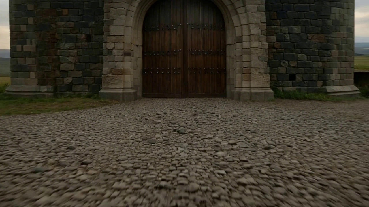 low-angle dolly shot, the camera tilts upward to reveal a towering medieval castle. Knights march through the gates, banners waving in the wind. Horses gallop past, hooves kicking dust into the air. dramatic fantasy atmosphere