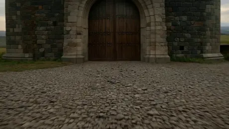 low-angle dolly shot, the camera tilts upward to reveal a towering medieval castle. Knights march through the gates, banners waving in the wind. Horses gallop past, hooves kicking dust into the air. dramatic fantasy atmosphere