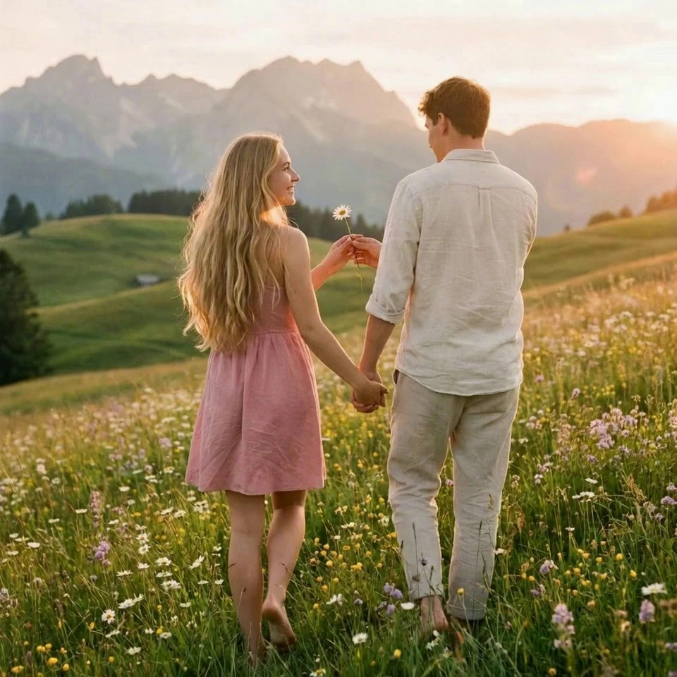 (One-shot cinematic tracking shot from behind): A young couple walks hand-in-hand through a vast Austrian alpine meadow filled with white daisies and yellow buttercups during the golden hour. The camera follows at a close distance of 4 feet, tracking their forward movement smoothly. The man, wearing cream linen, gently leans down without stopping to pluck a single white daisy and tenderly hands it to the blonde woman in a rose-pink frock. She turns her head slightly to the camera, revealing a radiant, joyful smile as she accepts the flower. They continue walking towards the hazy, majestic Alps in the distance. Warm sunlight creates natural lens flares; her golden hair and the grass sway in the gentle breeze. Slow-motion, 4k, hyper-realistic, nostalgic European summer aesthetic.