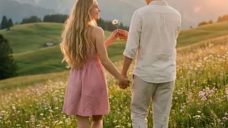 (One-shot cinematic tracking shot from behind): A young couple walks hand-in-hand through a vast Austrian alpine meadow filled with white daisies and yellow buttercups during the golden hour. The camera follows at a close distance of 4 feet, tracking their forward movement smoothly. The man, wearing cream linen, gently leans down without stopping to pluck a single white daisy and tenderly hands it to the blonde woman in a rose-pink frock. She turns her head slightly to the camera, revealing a radiant, joyful smile as she accepts the flower. They continue walking towards the hazy, majestic Alps in the distance. Warm sunlight creates natural lens flares; her golden hair and the grass sway in the gentle breeze. Slow-motion, 4k, hyper-realistic, nostalgic European summer aesthetic.