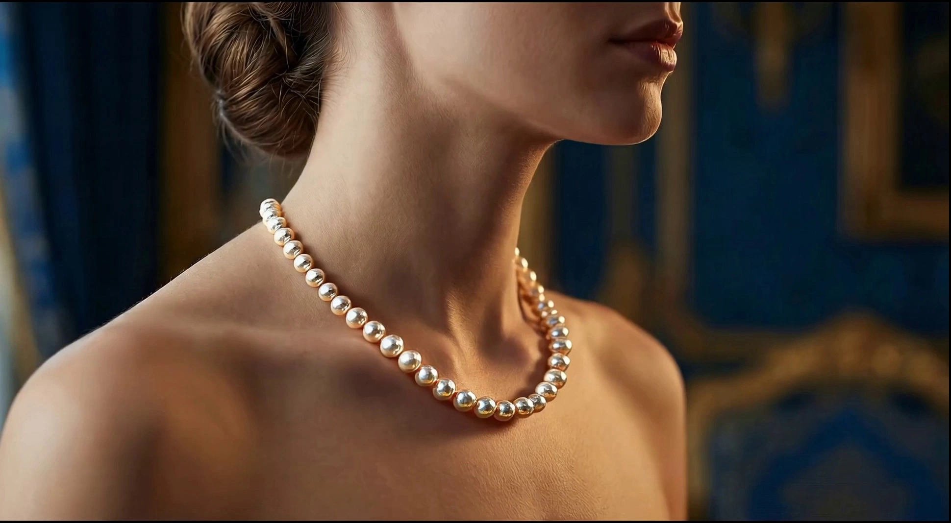 Replace the gemstone necklace with a pearl necklace