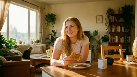 (Camera Movement: A slow, steady cinematic dolly-in shot) starting from a medium shot of a young blonde woman with blue eyes eating a slice of toast at a sunlit dining table. As the camera smoothly pushes in closer to her face, her expression undergoes a subtle and beautiful transition: she starts with a relaxed, neutral contentment, and as she chews slowly, a genuine, warm smile gradually spreads across her lips and reaches her eyes, which sparkle with sudden joy as if she just remembered a happy thought. The golden sunlight from the floor-to-ceiling windows behind her creates a soft lens flare and a glowing rim-light on her hair. One continuous take, no cuts, high-speed photography style, 4k, hyper-realistic.
