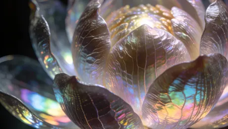 Hyper-detailed macro photography of a lotus flower emerging from a dark void, rendered in an abstract, holographic style. Iridescent, prismatic textures ripple across the lotus petals, with subtle psychedelic undertones. Ultra-fine surface detail, shimmering light refractions, and soft glow highlights. Deep black background enhances contrast and depth. Cinematic lighting, ethereal and meditative mood. 8K resolution, crisp focus, surreal yet elegant.