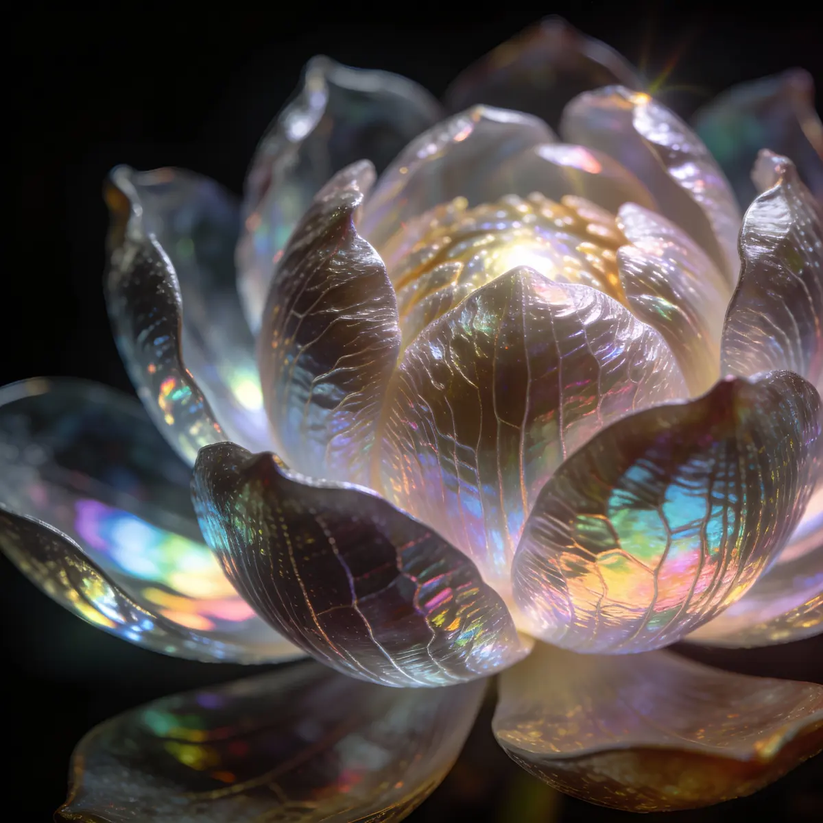 Hyper-detailed macro photography of a lotus flower emerging from a dark void, rendered in an abstract, holographic style. Iridescent, prismatic textures ripple across the lotus petals, with subtle psychedelic undertones. Ultra-fine surface detail, shimmering light refractions, and soft glow highlights. Deep black background enhances contrast and depth. Cinematic lighting, ethereal and meditative mood. 8K resolution, crisp focus, surreal yet elegant.