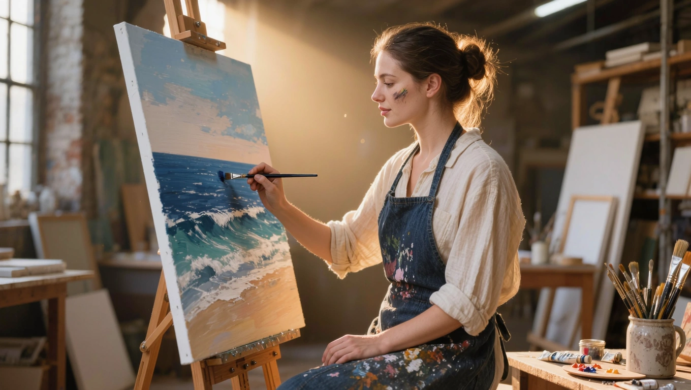 Focused female artist with charcoal-smudged cheeks and hair tied in a loose bun, wearing a paint-splattered denim apron over a cream-colored linen shirt, delicately applying a thin stroke of cobalt blue paint to a large abstract seascape canvas, situated in a high-ceilinged industrial loft studio filled with stacked oil paintings and ceramic jars of brushes, illuminated by beams of warm afternoon sunlight filtering through large steel-framed windows with visible dust motes, captured in a photorealistic style with 8k resolution, shot on 35mm lens, f/1.8 aperture for soft bokeh background, highly detailed textures.