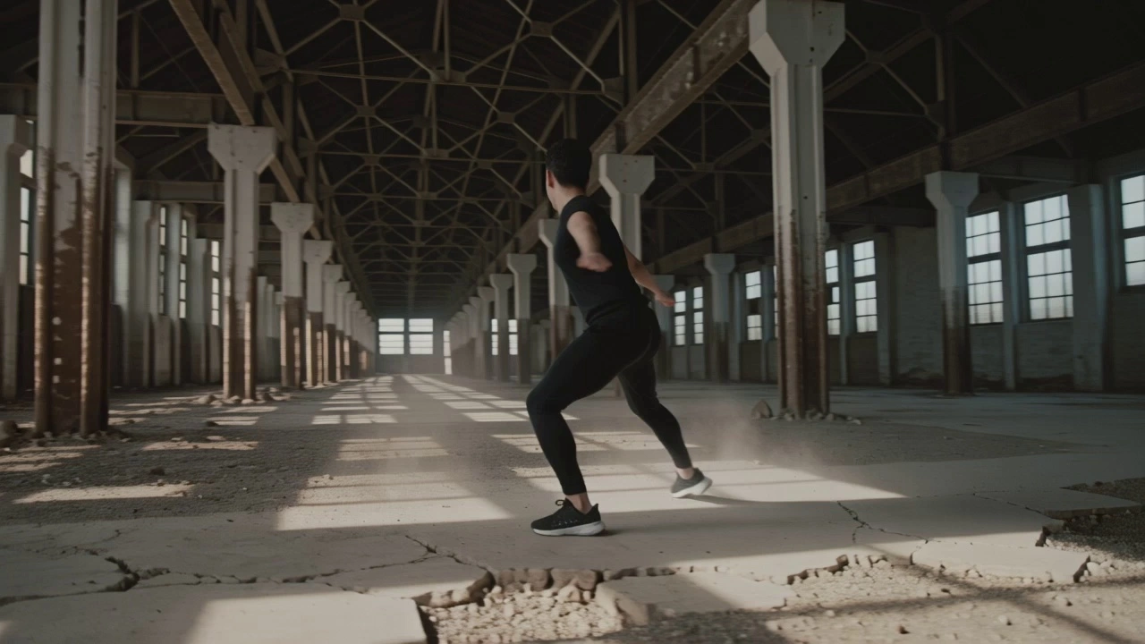 A contemporary dancer performing fluid and sharp rhythmic movements in a derelict industrial warehouse with rusted steel beams and cracked concrete floors. The dancer pivots and extends their limbs with intense energy, kicking up fine dust particles that swirl in the air. A fast 360-degree orbital tracking shot circles the subject, maintaining constant focus on their expressive gestures. Dramatic volumetric god rays stream through high, broken windows, creating high-contrast shadows and illuminating the airborne textures. Cinematic 4K, gritty industrial aesthetic, anamorphic lens flares, and high frame rate for smooth motion dynamics.