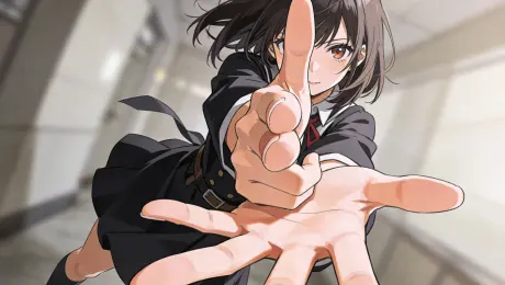 Scene: type: "battle scene" camera_angle: "dramatic dutch angle, tilted composition" lens: type: "super wide-angle lens" effects: - "extreme perspective" - "strong spatial compression between foreground, midground, background" Character: identity: ethnicity: "Japanese" gender: "girl" hair: "medium-length hair" outfit: style: "windy, dressy, trendy yumekawa fashion" pose: description: "bold, dynamic action pose" body_orientation: "leaning with momentum implied by the tilt" Hands_and_Gesture: right_hand: gesture: "index finger extended, thumb raised, other fingers curled inward" shape: index_finger: "extended straight forward" thumb: "raised vertically" other_fingers: "tightly curled inward" position: "held in front of her face" gaze_alignment: "her eyes follow the pointing direction" left_hand: gesture: "open hand" fingers: "all five fingers widely spread" position: "placed below and slightly in front of the right hand" palm_direction: "facing upward as if supporting it" perspective_role: "dominates the extreme foreground" perspective: dominance: "left hand is massively enlarged by wide-angle distortion" clarity: "both hands and face in sharp detail" depth_of_field: "full DOF, no background blur" Lighting: type: "soft indoor lighting" mood: "gentle highlights, controlled shadows" background: "neutral, blurred environment" Cinematic_Effects: atmosphere: "action tension + stylized anime dynamism" motion_sense: "perspective and Dutch angle add momentum" Output: aspect_ratio: "16:9" style: "high-quality anime illustration" rendering: "clean lines, sharp details, accurate anatomy"