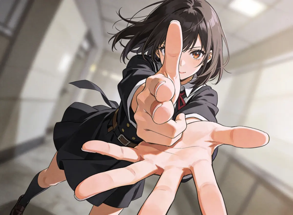Scene: type: "battle scene" camera_angle: "dramatic dutch angle, tilted composition" lens: type: "super wide-angle lens" effects: - "extreme perspective" - "strong spatial compression between foreground, midground, background" Character: identity: ethnicity: "Japanese" gender: "girl" hair: "medium-length hair" outfit: style: "windy, dressy, trendy yumekawa fashion" pose: description: "bold, dynamic action pose" body_orientation: "leaning with momentum implied by the tilt" Hands_and_Gesture: right_hand: gesture: "index finger extended, thumb raised, other fingers curled inward" shape: index_finger: "extended straight forward" thumb: "raised vertically" other_fingers: "tightly curled inward" position: "held in front of her face" gaze_alignment: "her eyes follow the pointing direction" left_hand: gesture: "open hand" fingers: "all five fingers widely spread" position: "placed below and slightly in front of the right hand" palm_direction: "facing upward as if supporting it" perspective_role: "dominates the extreme foreground" perspective: dominance: "left hand is massively enlarged by wide-angle distortion" clarity: "both hands and face in sharp detail" depth_of_field: "full DOF, no background blur" Lighting: type: "soft indoor lighting" mood: "gentle highlights, controlled shadows" background: "neutral, blurred environment" Cinematic_Effects: atmosphere: "action tension + stylized anime dynamism" motion_sense: "perspective and Dutch angle add momentum" Output: aspect_ratio: "16:9" style: "high-quality anime illustration" rendering: "clean lines, sharp details, accurate anatomy"