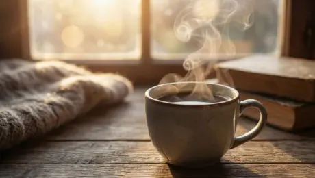 Animate the scene by making the steam rise more dynamically, letting sunlight shift subtly across the cup. Add a gentle camera push-in, with the steam swirling in slow motion. Create a warm and relaxing mood as the coffee glows slightly under the changing light.