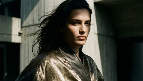 A high-fashion editorial of a model in dramatic lighting, wind blowing through the hair, strong shadows, glossy fabric with rich textures, luxury magazine style. The hair moving with the wind, the fabric shifting slowly, and subtle changes in highlights across the model’s face. Add a slow, elegant camera slide to maintain a premium stylish tone.