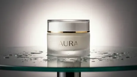 Shimmering light gliding across the jar surface, water droplets moving slightly, and a slow cinematic orbit of the camera. Add soft glow pulses to emphasize luxury. Maintain a clean, premium commercial aesthetic.