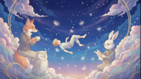A child floats through a dream, surrounded by glowing dandelions and talking animals, against a backdrop of ever-shifting starry skies and candy-colored clouds.