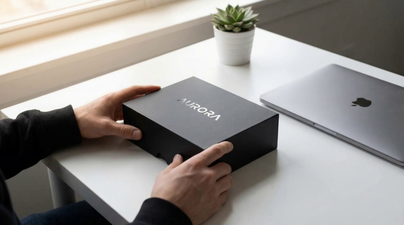 The hands slowly peel away the transparent wrapping with a gentle crinkling sound, then lift the lid to reveal a shiny new device nestled in foam.