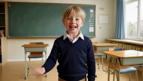 Change the boy's clothes to a school uniform, change the background to a classroom, and keep all other elements strictly unchanged.