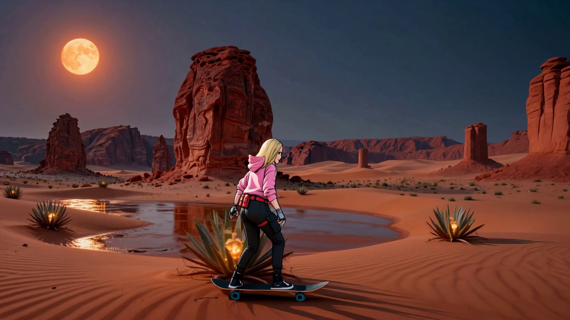 The girl in Picture 1 is skateboarding in the environment of Picture 2