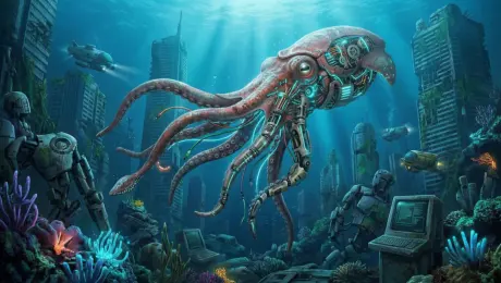 A semi-mechanical, semi-biological sea creature swims in the deep ocean, its body composed of glowing circuits and mechanical bones, surrounded by the ruins of a submerged futuristic city.