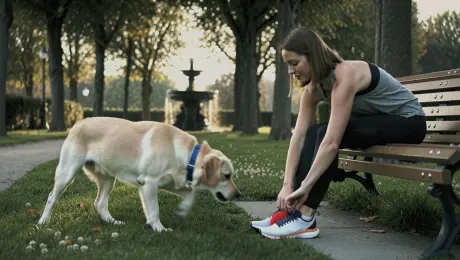 Soft afternoon light filters through tall trees as a young woman sits on a park bench tying the shoelaces of her running shoes. A golden retriever circles her excitedly, its collar jingling. A distant fountain splashes rhythmically while children laugh somewhere off-screen.
The dog nudges a bright red ball toward her. She picks it up and tosses it across the grass. Leaves rustle; birds chirp overhead. The camera follows the dog's sprint in a smooth tracking shot as it bounds joyfully toward the ball, gripping it in its mouth before racing back.
Returning to the bench, the dog drops the ball into her hands and flops against her legs with a satisfied huff. Wind brushes through the nearby bushes, and bicycles pass faintly in the distance. She pats its head, smiling softly as the ambient park noises settle into a peaceful hush.