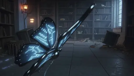 A mechanical butterfly flutters through an abandoned library, its wings projecting holographic ancient text that illuminates dusty bookshelves. Cyberpunk style, warm orange and cool blue contrasting light, 8K ultra HD, cinematic quality, dynamic tracking shot following the butterfly's flight.