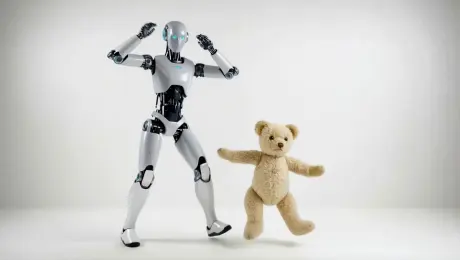 The robot is dancing with the teddy bear