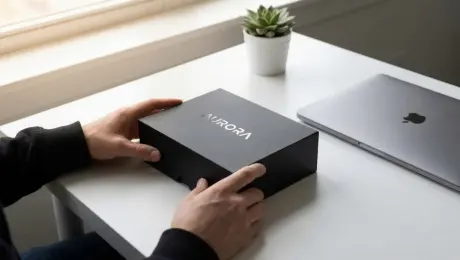 The hands slowly peel away the transparent wrapping with a gentle crinkling sound, then lift the lid to reveal a shiny new device nestled in foam.