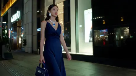 A women in ornate dresses, wearing a necklace and a handbag, is walking on the street.