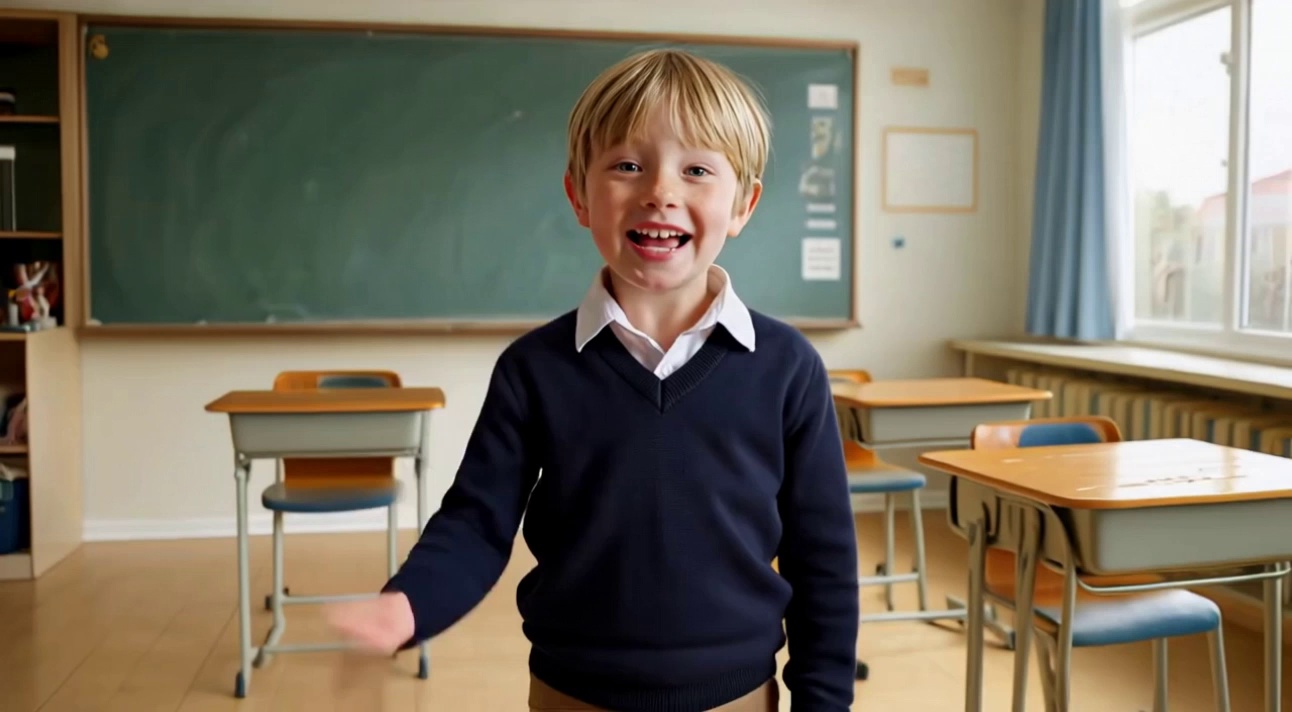 Change the boy's clothes to a school uniform, change the background to a classroom, and keep all other elements strictly unchanged.