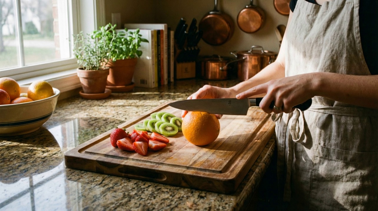 The knife slices smoothly through the orange