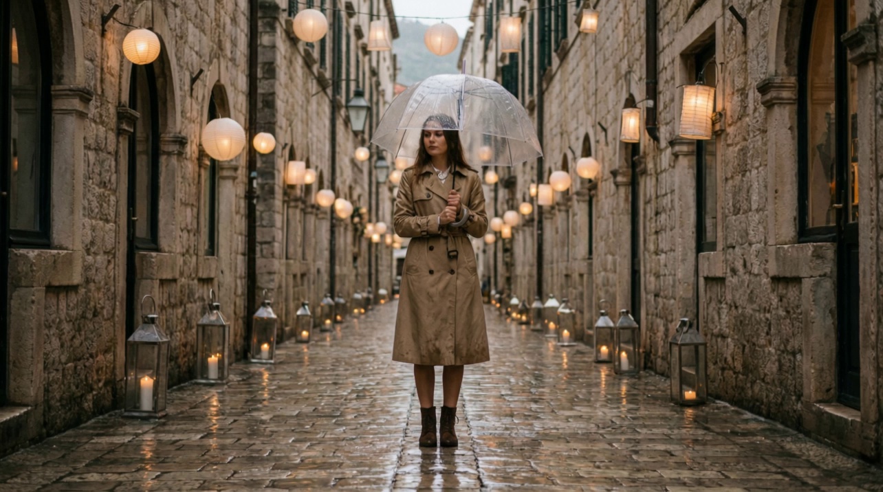 The woman walks down the lantern-lit alley, rain tapping gently on her umbrella as she approaches the café entrance. She steps inside, closing the umbrella beside her, and walks to the counter. After receiving the cup, she carries it to a window seat, sits down, and wraps her hands around the warm drink while watching the rain outside.