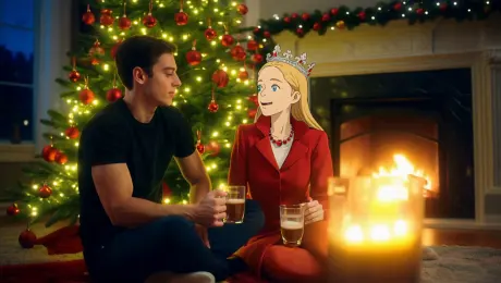 Use reference image 1 as the female character and reference image 2 as the male character.
Blend their appearances into the same semi-realistic anime / 3D animated style so they look like they belong in one world, keeping their facial features clearly recognizable.
Create a cozy 10-second Christmas scene in a warm living room at night: a large decorated Christmas tree with glowing fairy lights and red ornaments stands in the background, soft yellow light from the tree and a fireplace.
The two characters are sitting together on a rug in front of the tree, facing each other slightly, holding mugs of hot chocolate, chatting and laughing gently as if sharing Christmas stories.
The camera starts with a medium two-shot of both of them, then slowly dollies in and slightly arcs around them, with shallow depth of field and bokeh from the Christmas lights.
Atmosphere: warm, festive, romantic, soft film look, subtle lens glow from the lights, no text on screen.