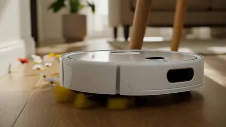 A cute robotic vacuum cleaner is moving slowly while cleaning the floor. With every step it takes, a small flower blooms on the ground beneath it, leaving a trail of flowers along its path. The atmosphere is warm and soothing.