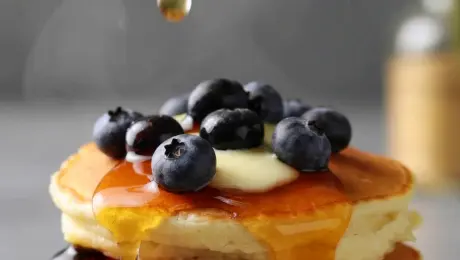 Commercial food cinematography, slow motion pour of golden thick honey over a stack of fluffy pancakes, steam rising, fresh blueberries and melting butter on top, studio lighting, mouth-watering, 8k resolution, macro shot, shallow depth of field.