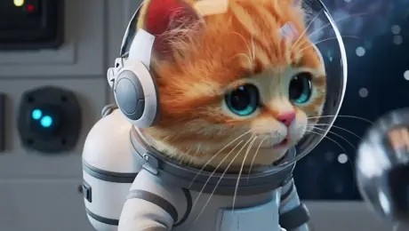 Pixar animation style, 3D render. A fluffy orange kitten wearing a tiny astronaut suit floating inside a spaceship cabin, curiously trying to catch a floating water sphere with its paw, adorable facial expression, soft cinematic lighting, fur detail, octane render.
