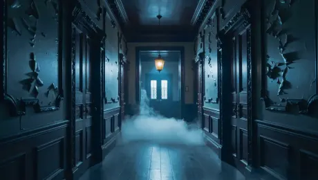 Eerie Victorian hallway, dimly lit by a single flickering lamp at the end. Slow dolly zoom camera movement, shadows on the walls seem to move, low fog on the floor, Hitchcockian suspense atmosphere, mysterious, cinematic horror.
