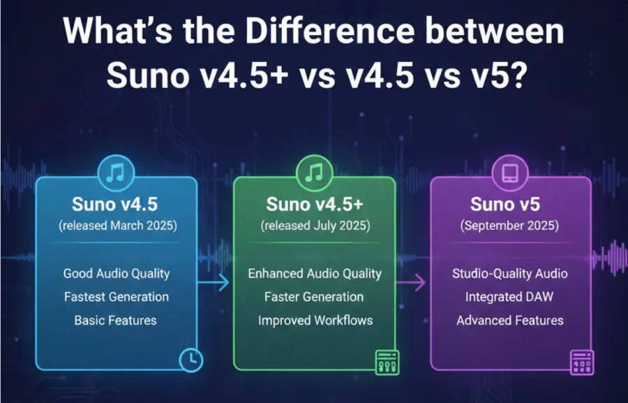 What's the Difference between Suno v4.5+ vs v4.5 vs v5?