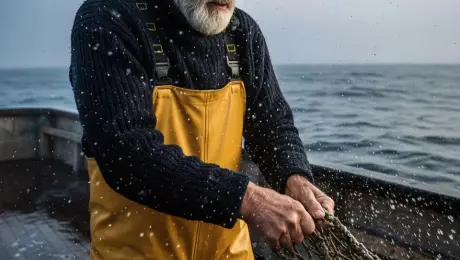 An elderly fisherman with a weathered face and white beard, wearing a green beanie and yellow oilskin overalls, strains to haul a heavy, dripping fishing net onto the wooden deck. Saltwater droplets spray and glisten in mid-air from the tension of the net, while the boat pitches rhythmically against the choppy, dark gray ocean waves. A dramatic slow zoom-in focuses on his intense gaze and tensed hands, accompanied by a subtle handheld camera shake to simulate the maritime environment. Cold, overcast morning light with realistic volumetric mist, salt spray, and cinematic teal-and-orange color grading. 4k, 60fps, highly detailed skin textures, photorealistic, slow motion water splashes.