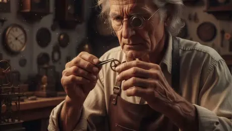 Close-up of an elderly clockmaker with flowing silver hair and a leather apron, meticulously inspecting a tiny brass gear with tweezers. He blinks slowly with intense focus, his weathered fingers subtly rotating the gear while the background pendulums of numerous antique wall clocks swing in a rhythmic, staggered motion. Slow cinematic push-in camera movement, shifting focus from the delicate gear in the foreground to the clockmaker's focused eyes behind his magnifying loupe. Warm volumetric lighting from a vintage desk lamp illuminates dancing dust motes in the air, creating a nostalgic and scholarly atmosphere. 4k, 60fps, highly detailed, realistic textures, cinematic color grading, photorealistic, subtle motion blur.
